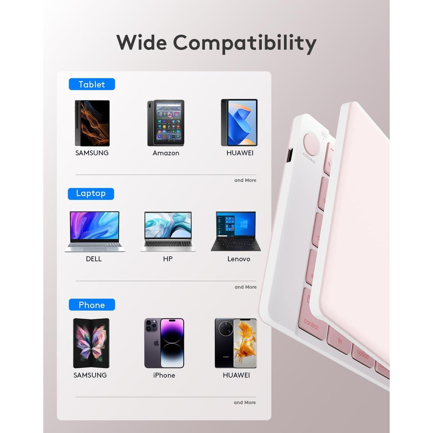 Teclado plegable Bluetooth | Tamaño completo | Ultra delgado Recargable | Conecta iOS, Android, Windows, teléfono | Color: Rosa