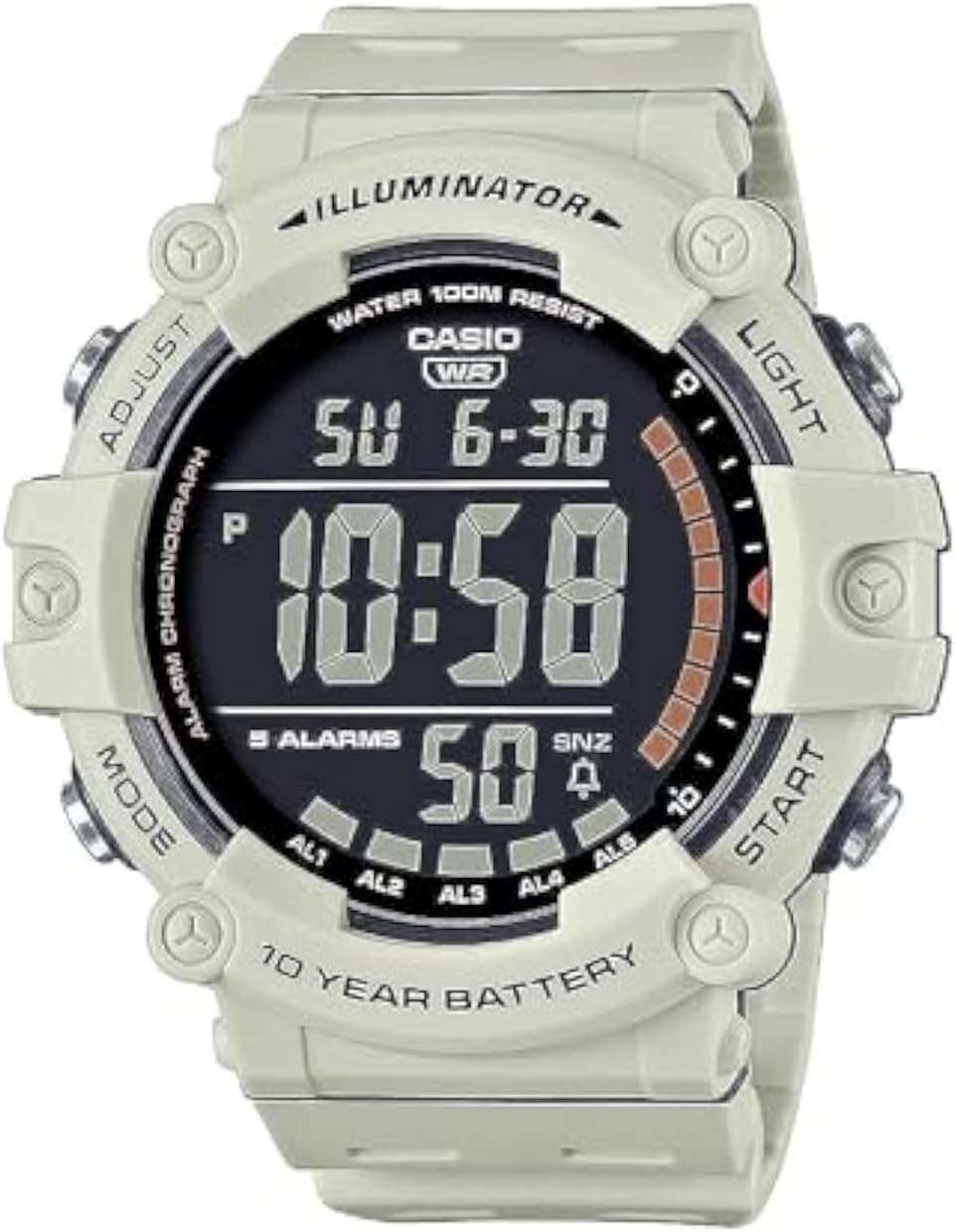 Illuminator AE1500WH Series | 10-Year Battery | LED Backlight | 5-Alarms | 1/100 Sec Stopwatch | Men'S Digital Watch