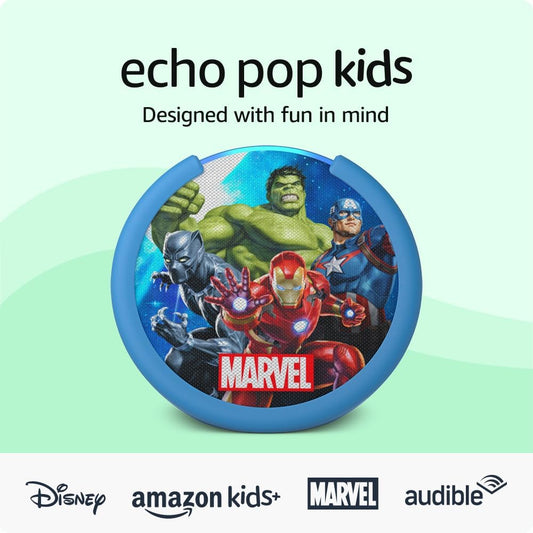 Echo Pop Kids (Modelo más reciente) – Altavoz inteligente para niños con Alexa, fundas Disney Princess y Marvel’s Avengers, control parental, 6 meses de Amazon Kids+