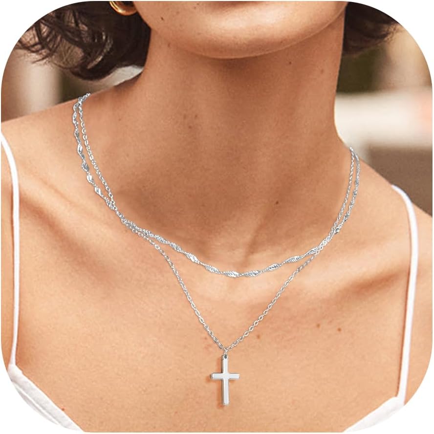 Collar Doble Cruz para Mujer, Chapado en Oro 14K/Plata de Ley, Choker con Dije de Cruz, Joyería de Moda Apilable y Elegante