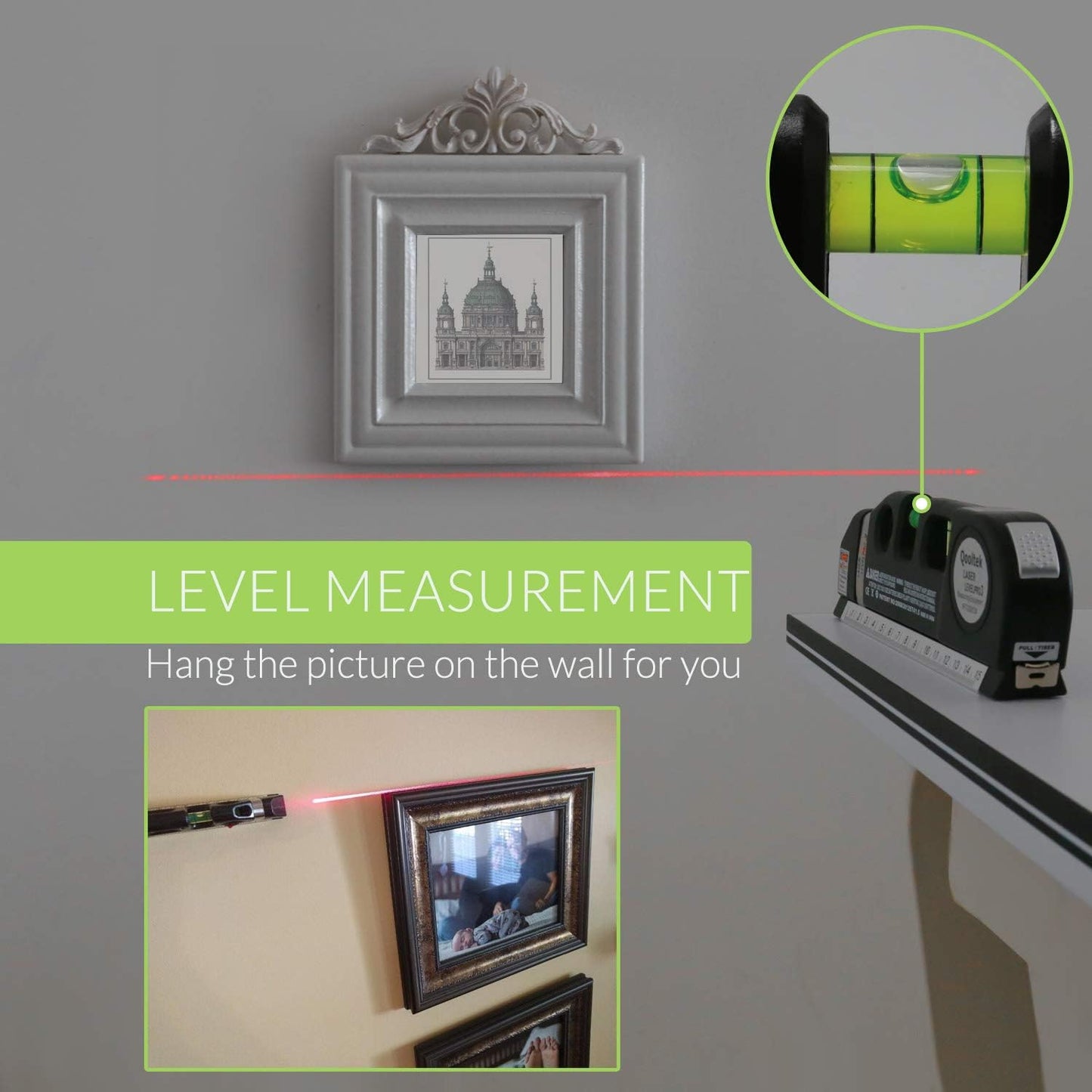 Nivel Láser Multiusos – Qooltek con Cinta Métrica 2,5M, Reglas en Pulgadas y Milímetros, 3 Modos de Láser (Vertical, Horizontal, Cruzado), Incluye Baterías