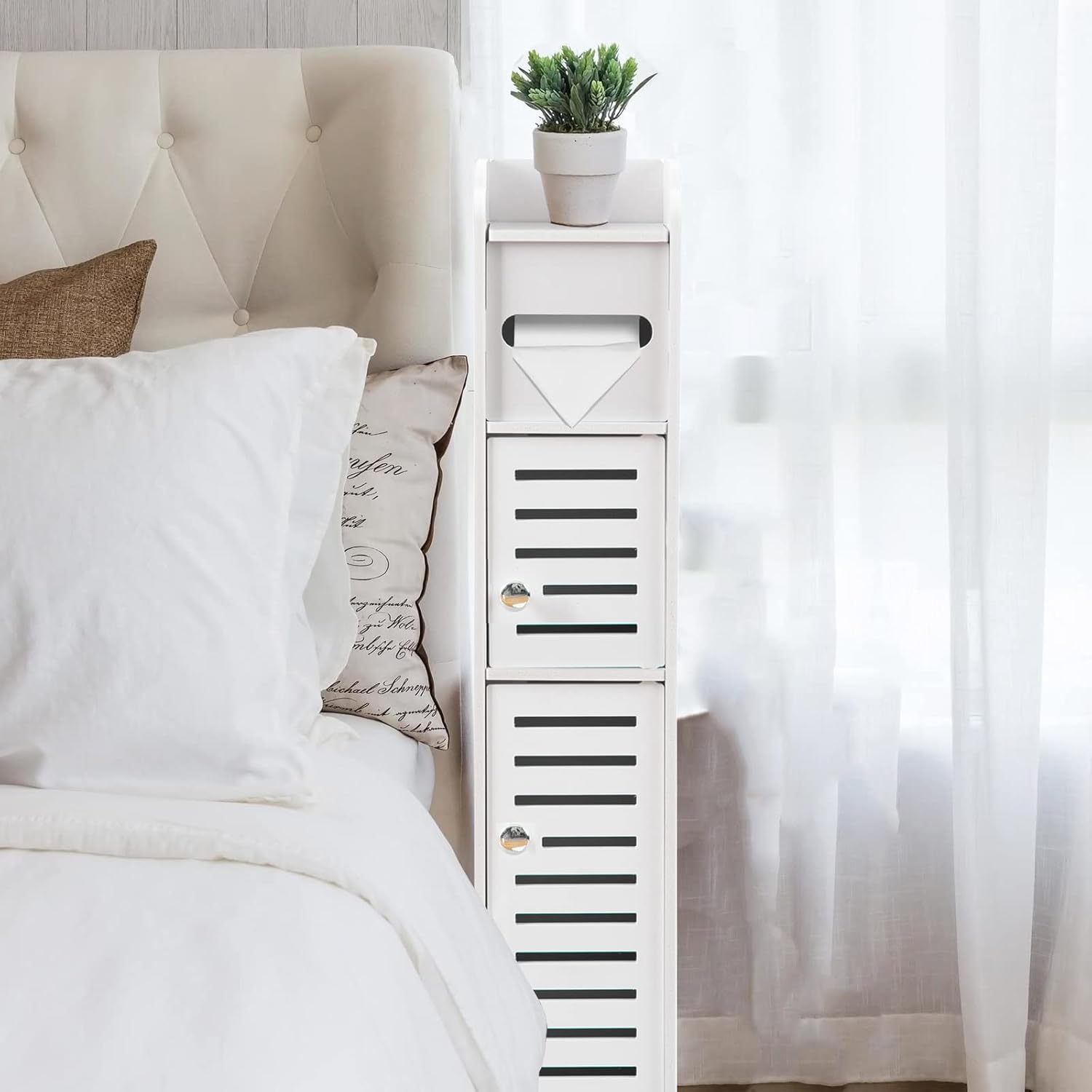 Armario de almacenamiento para espacios pequeños | Esquinero | Soporte de papel delgado con 2 puertas y estantes | Color: Blanco