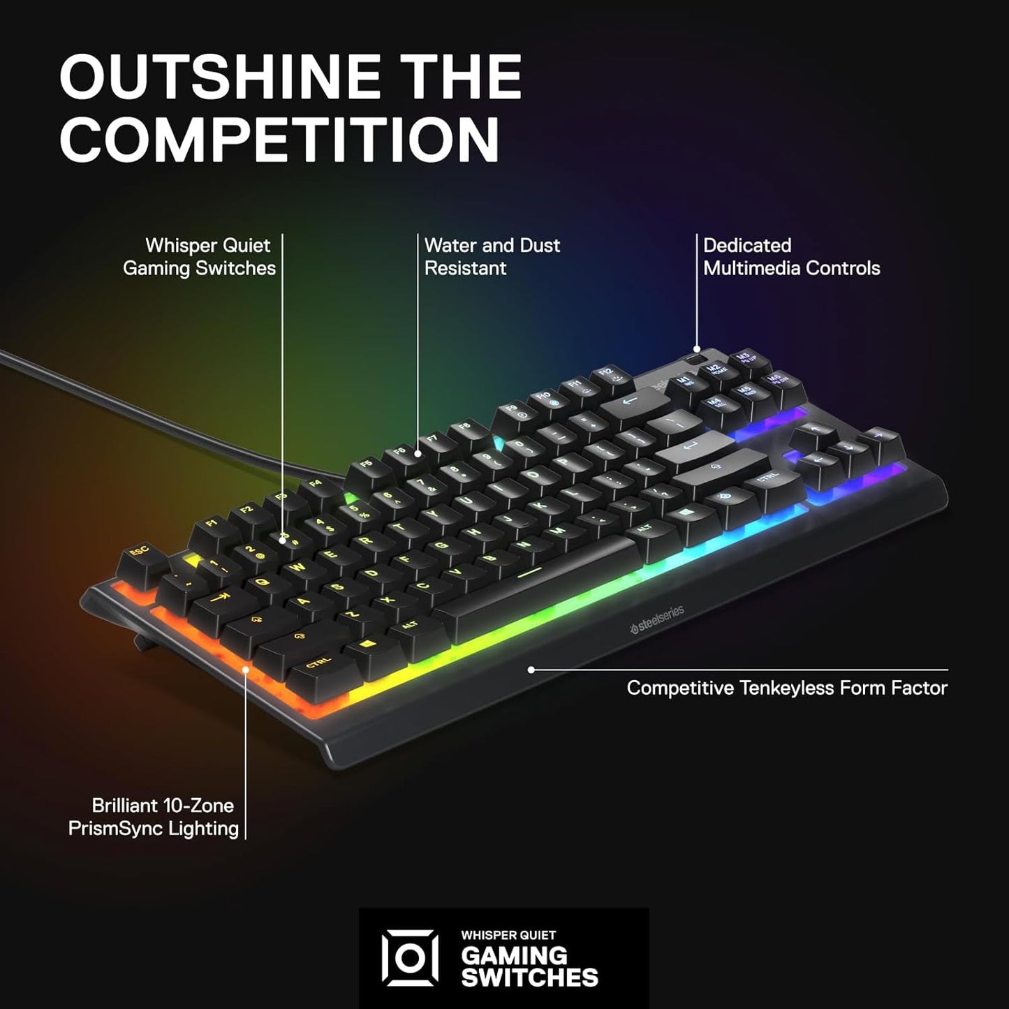 SteelSeries Apex 3 TKL – Teclado Gamer RGB Compacto, Resistente y Silencioso