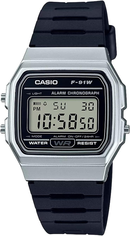 F91W Series | Digital Watch | Water Resistant | LED Light | 1/100 SEC Stopwatch | Regular Time Keeping (HR, Min, SEC, PM, Date, Day) | Daily Alarm | Lightweight | 7 Year Battery