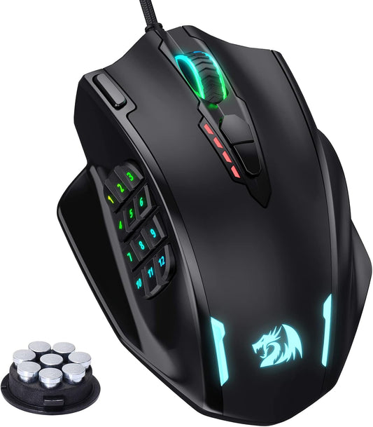 Redragon M908 Impact – Mouse Gamer MMO con Retroiluminación RGB, 12 Botones Laterales, 18 Macros Programables y Sensor Óptico de Alta Precisión, 12.400 DPI, Cableado, Negro