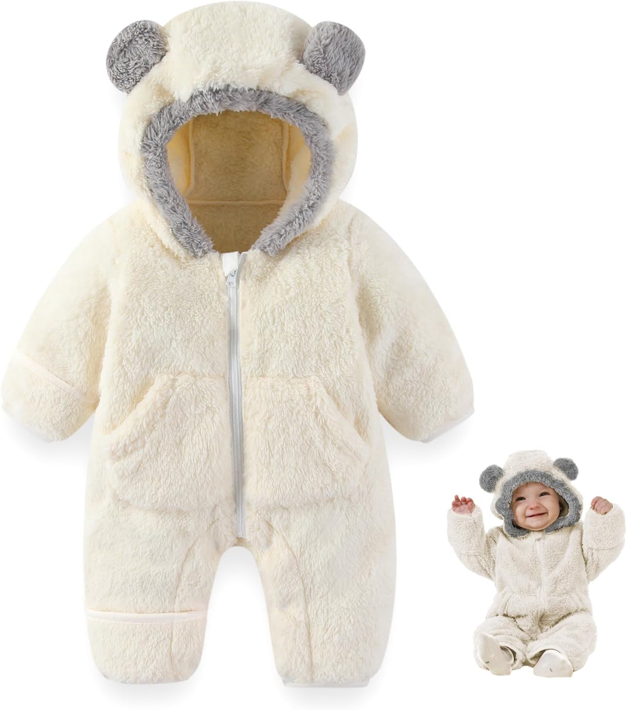 Traje Blanco de Oso para Bebé Recién Nacido con Mitones Plegables y Patucos para Niñas y Niños Ropa de Invierno de Vellón con Capucha Mameluco Traje de Nieve