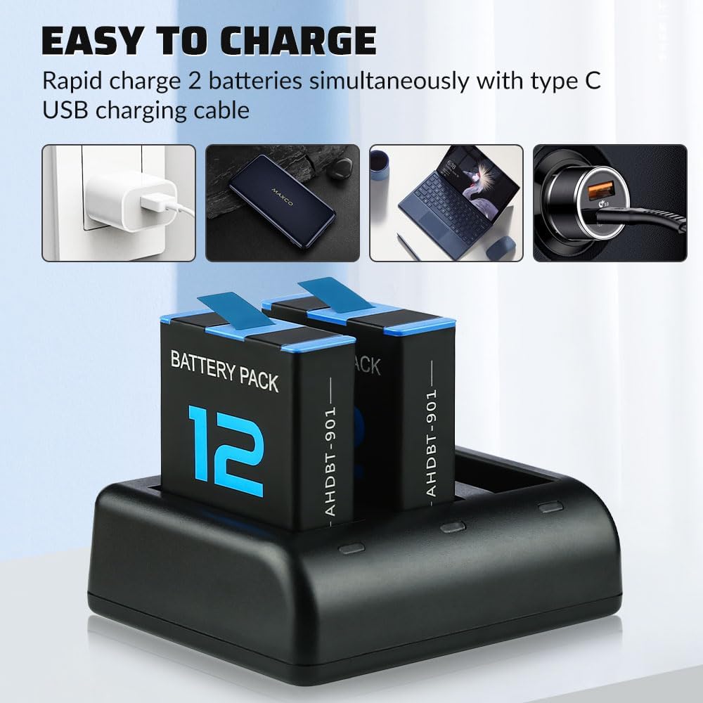 Pack de 2 Baterías 1800 mAh para GoPro Hero 12/11/10/9 + Cargador Rápido USB-C de 3 Ranuras con Estuche Protector
