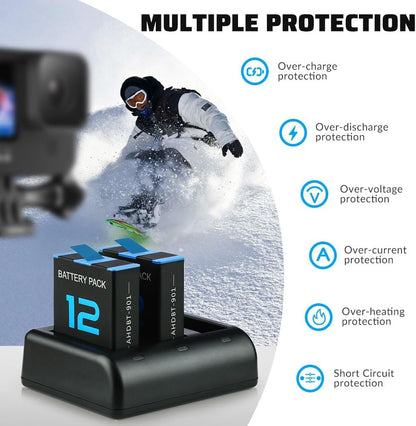 Pack de 2 Baterías 1800 mAh para GoPro Hero 12/11/10/9 + Cargador Rápido USB-C de 3 Ranuras con Estuche Protector