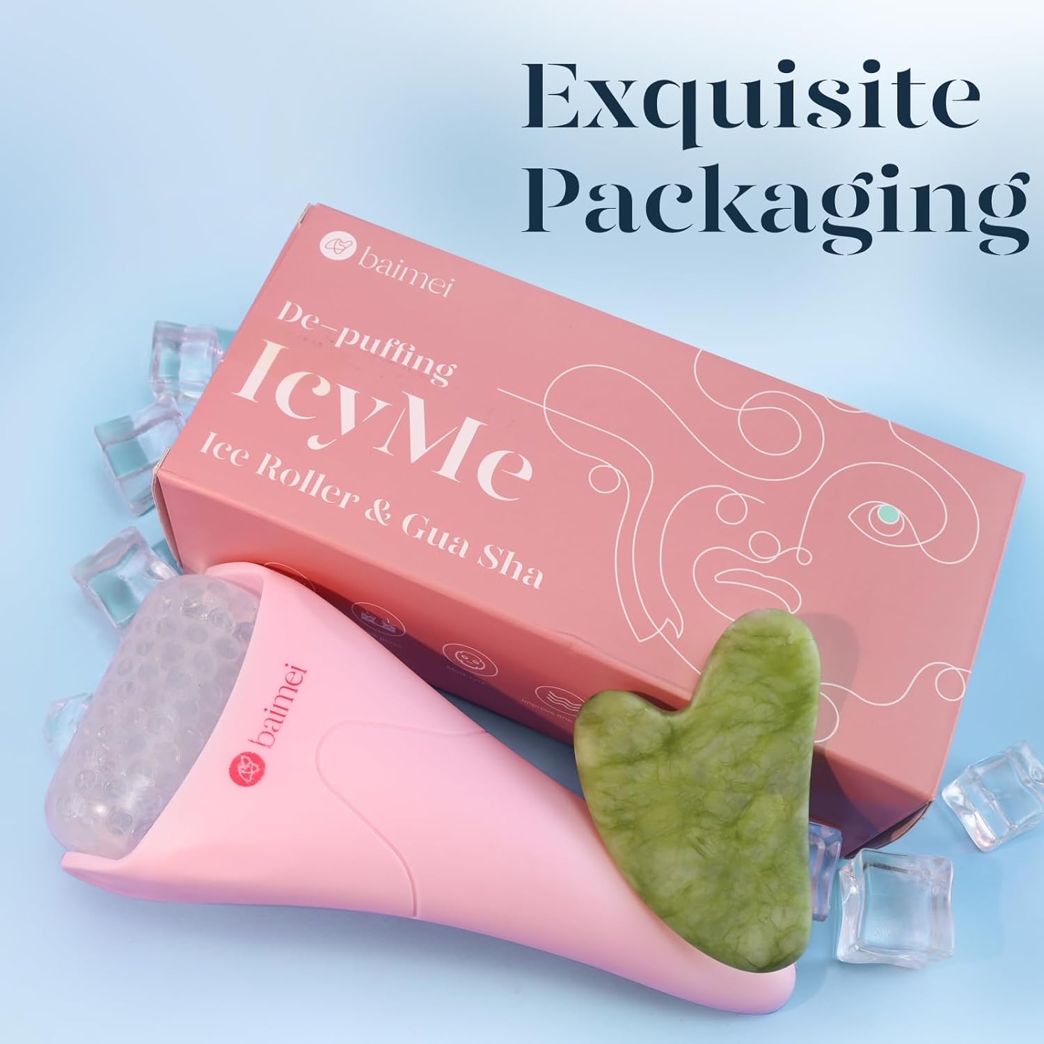 Set IcyMe Ice Roller y Gua Sha Facial, Rodillo de Hielo para Cara + Masajeador, Reduce Hinchazón, Migrañas y Arrugas, Regalo Self-Care Mujer – Rosa