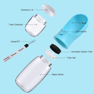 Botella de Agua para Perros con Contenedor de Alimento (2 en 1) | Portátil, Antifugas y con Filtro de Carbón – 10oz/300ml y 19oz/550ml | Accesorio de Viaje para Perros y Gatos
