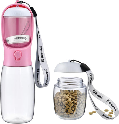 Botella de Agua para Perros con Contenedor de Alimento (2 en 1) | Portátil, Antifugas y con Filtro de Carbón – 10oz/300ml y 19oz/550ml | Accesorio de Viaje para Perros y Gatos