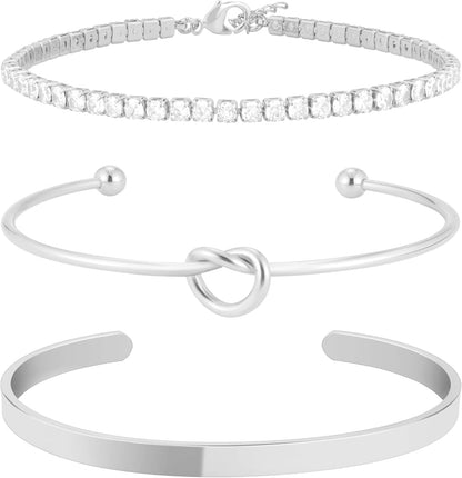 Set de Pulseras para Mujer – Brazalete Dorado Tipo Cuff con Nudo + Pulsera Tennis con Zirconias, Baño de Oro 14K, Antidesgaste, Elegante y de Moda