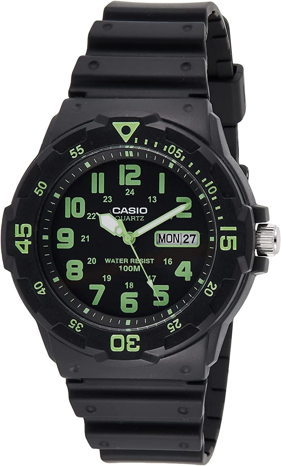 MRW200H Series | Unisex Analog Watch | 100M WR | Stainless Steel Case | Resin Band | 2 Hand Analog (HR, Min, SEC) | Date Display | Screw down Crown/Screw down Caseback | 3 Year Battery