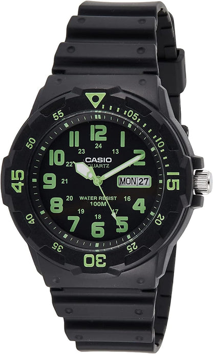 MRW200H Series | Unisex Analog Watch | 100M WR | Stainless Steel Case | Resin Band | 2 Hand Analog (HR, Min, SEC) | Date Display | Screw down Crown/Screw down Caseback | 3 Year Battery