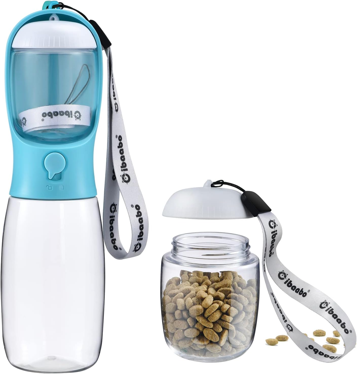 Botella de Agua para Perros con Contenedor de Alimento (2 en 1) | Portátil, Antifugas y con Filtro de Carbón – 10oz/300ml y 19oz/550ml | Accesorio de Viaje para Perros y Gatos