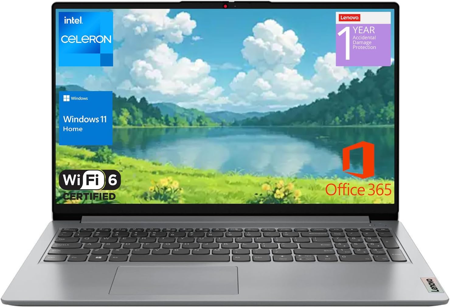 Ideapad 1 Home Laptop, 15.6" FHD Display, Intel Celeron Dual Core Processor, 8GB RAM, 384GB Storage(128Gb Emmc + 256GB Pcie), 1 Yr Office 365, Wi-Fi 6, W11H, Additional 1 Yr ADP
