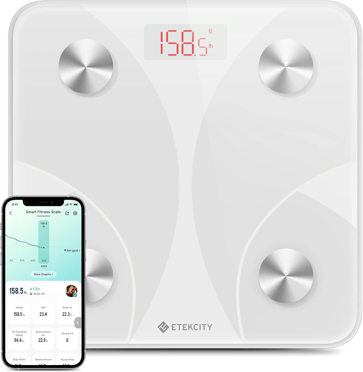 Báscula Inteligente Digital con Bluetooth – Balanza de Baño con BMI, Grasa Corporal, Masa Muscular y 13 Métricas – Compatible con Apple Health, FitBit, Google Fit y Samsung Health – Capacidad 180kg / 400lb