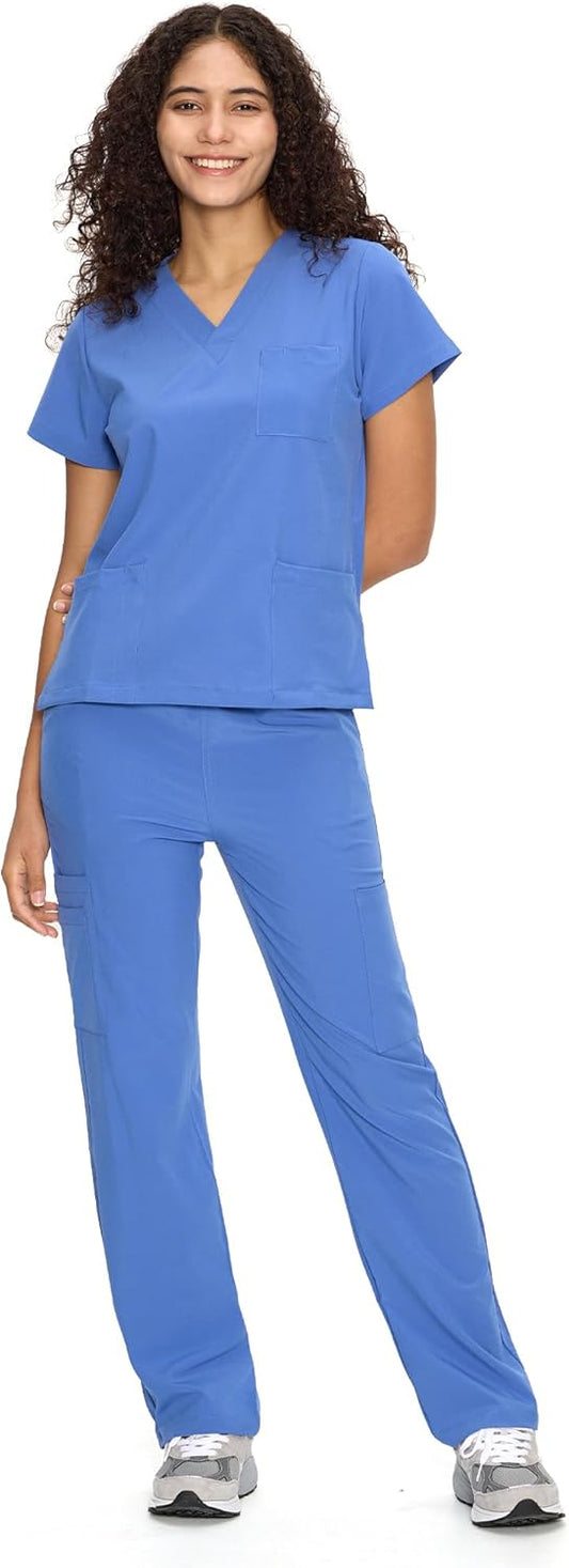 Set Uniforme Médico | Camiseta con Cuello en V y Pantalones de Pierna Recta con Bolsillos | Ropa de Trabajo Unisex | Color: Azul Ceil