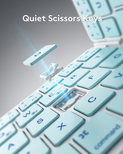 Teclado plegable Bluetooth | Tamaño completo | Ultra delgado Recargable | Conecta iOS, Android, Windows, teléfono | Color: Celeste