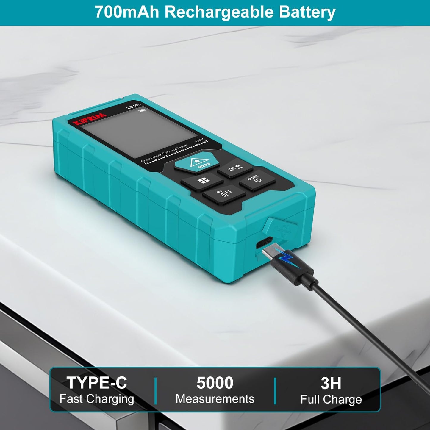 Medidor Láser Verde LD100, 328ft / 100M, Recargable USB-C, Alta Precisión ±2mm, Nivel Electrónico, 10 Funciones, Memoria 99 Datos, IP54