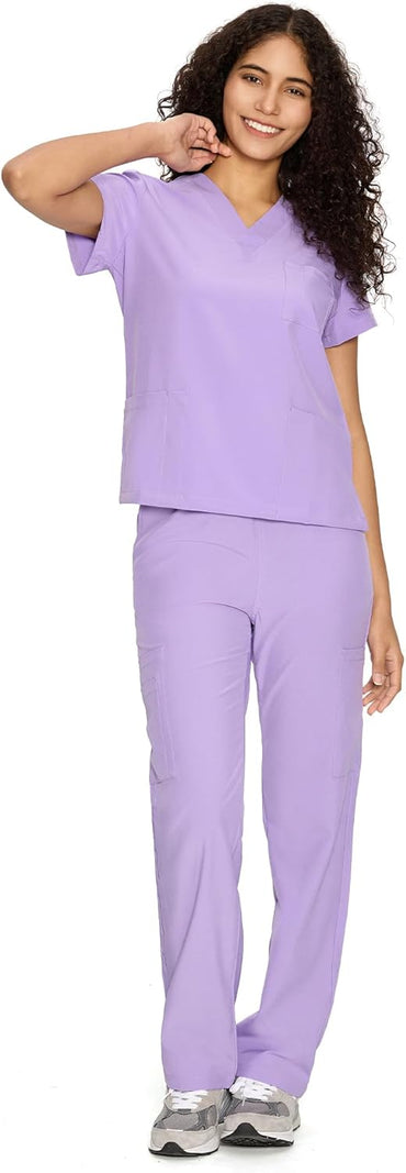 Set Uniforme Médico | Camiseta con Cuello en V y Pantalones de Pierna Recta con Bolsillos | Ropa de Trabajo Unisex | Color: Lavanda