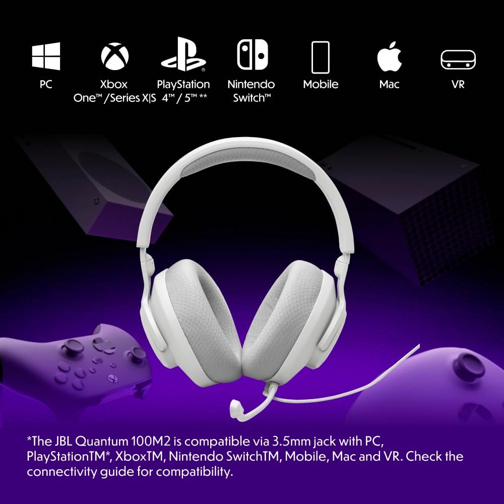JBL Quantum 100 M2 (Blanco) – Audífonos gamer con cable y micrófono desmontable