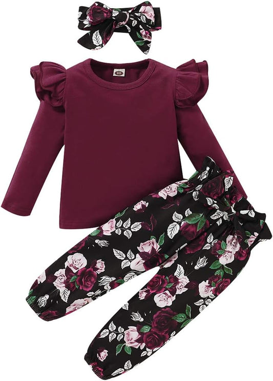3 piezas de ropa para niña color liso | Manga larga + Pantalones florales + diadema | 1-6 años | conjunto de otoño/invierno
