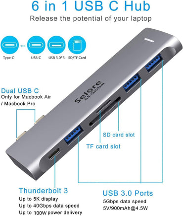 Adaptador USB C para MacBook Pro/Air M1 M2 M3 2021 2020 2019 13" 15" 16", 6 en 1 USB-C Hub MacBook Pro Accesorios con 3 puertos USB 3.0, lector de tarjetas USB C a SD/TF y puerto Thunderbolt 3 PD de
