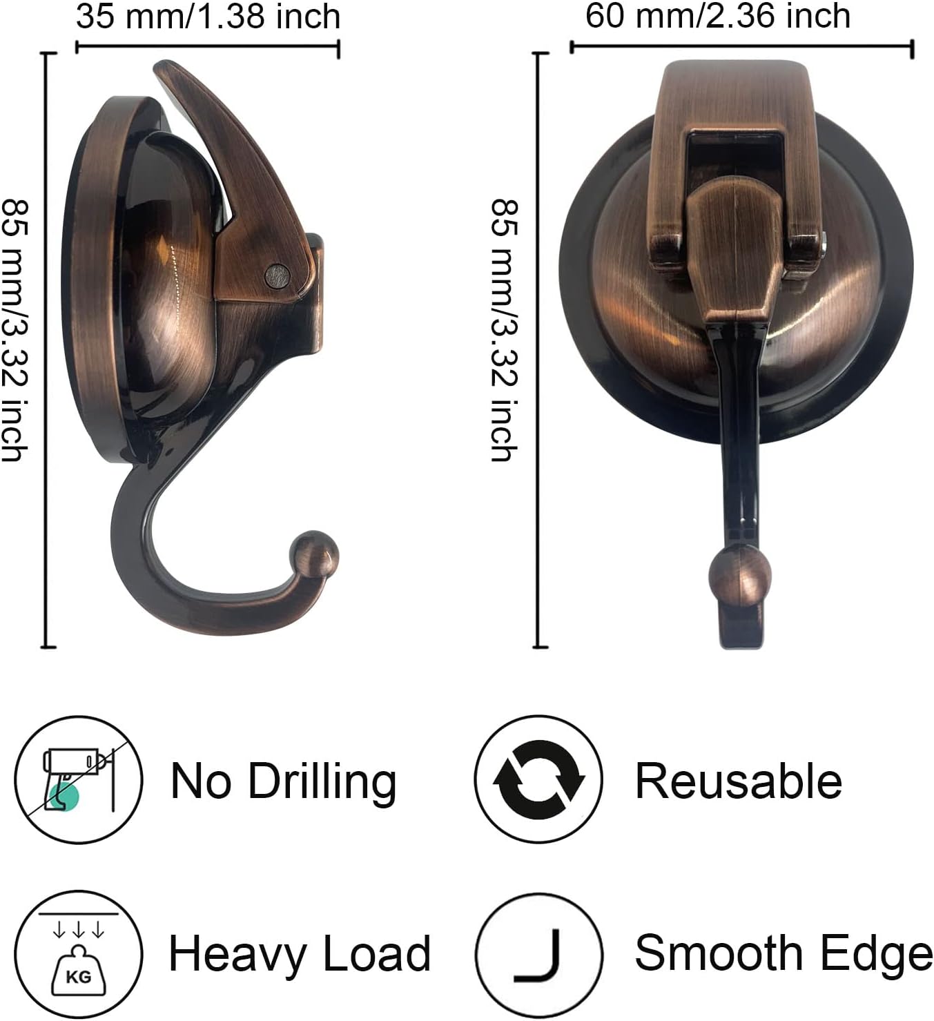 Ganchos de ducha de succión al vacío resistentes | Ventosa de vidrio | Paquete de 2 | Color: latón antiguo