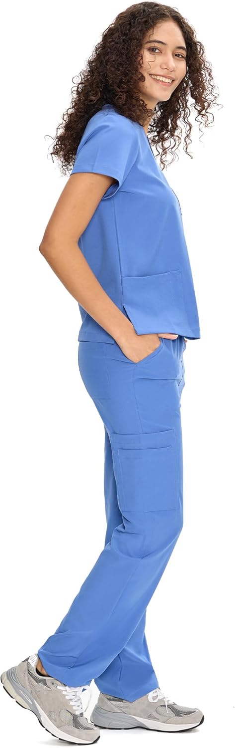 Set Uniforme Médico | Camiseta con Cuello en V y Pantalones de Pierna Recta con Bolsillos | Ropa de Trabajo Unisex | Color: Azul Ceil
