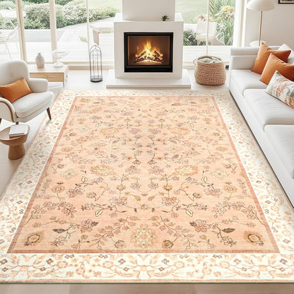 Alfombra floral lavable naranja de 4 x 6 pulgadas | suave, de pelo bajo | Antideslizante para interiores