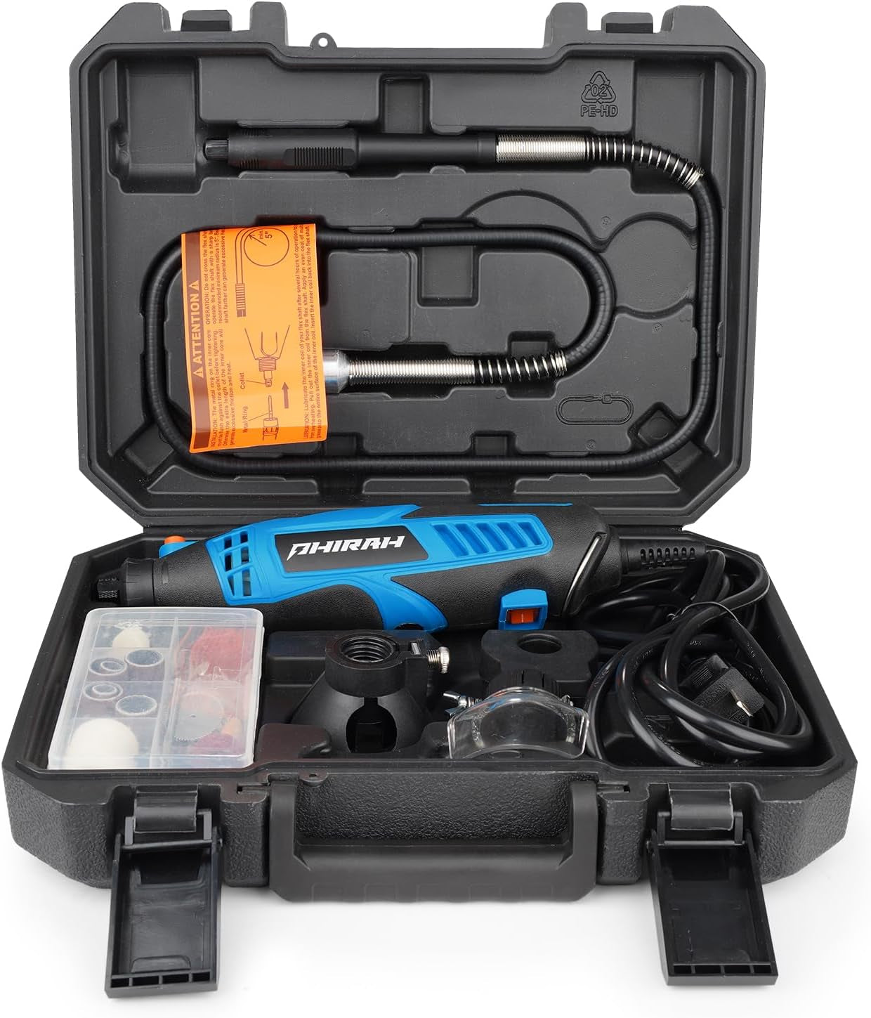Herramienta Rotativa PHIRAH 160W con Eje Flexible y 180 Accesorios | Mini Amoladora Eléctrica 7 Velocidades 8000-35000 RPM para Corte, Pulido, Grabado y Bricolaje