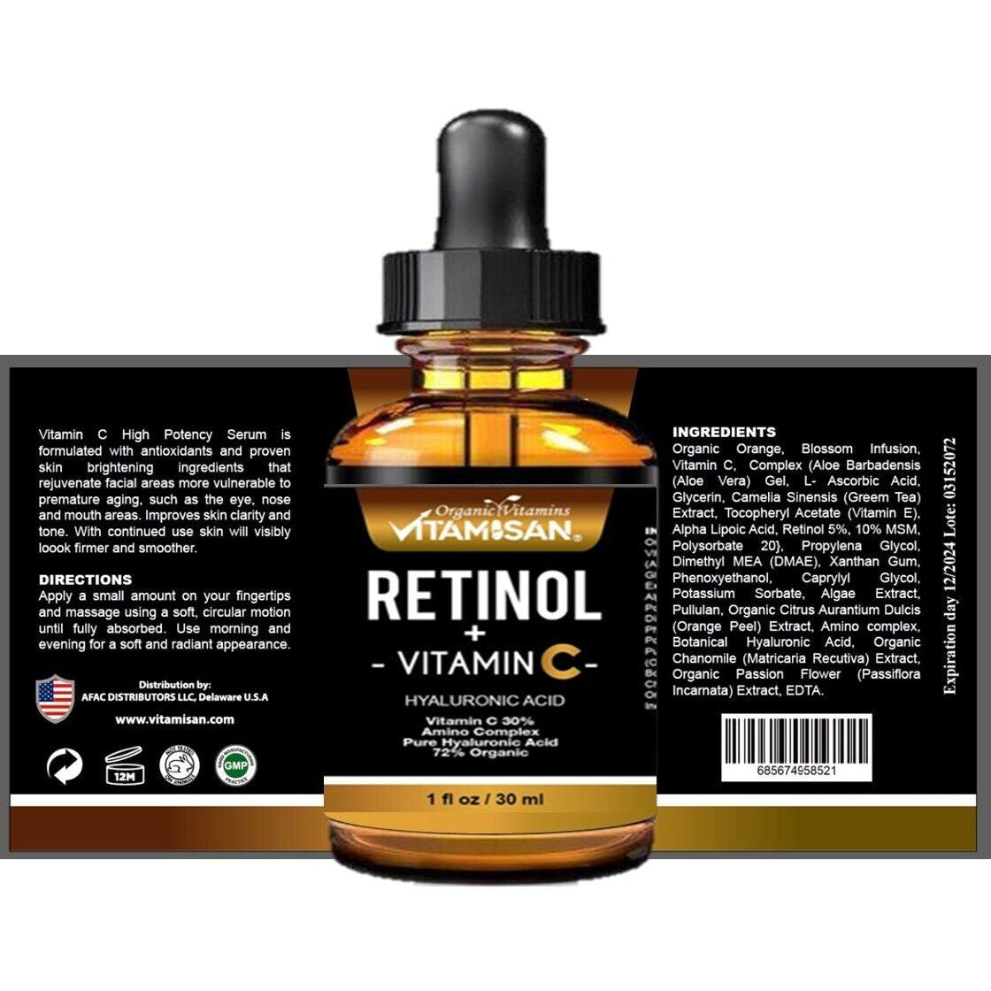 Serum Facial Antiage Vit C 30% + Retinol 5% + Ácido Hialurónico + Vit E – 30 ml | VITAMISAN®