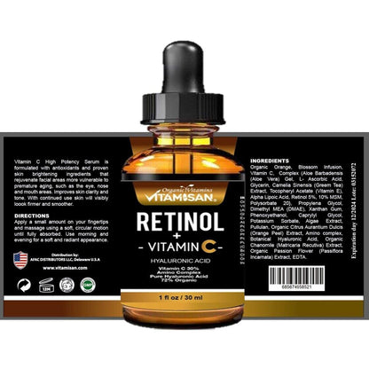 Serum Facial Antiage Vit C 30% + Retinol 5% + Ácido Hialurónico + Vit E – 30 ml | VITAMISAN®