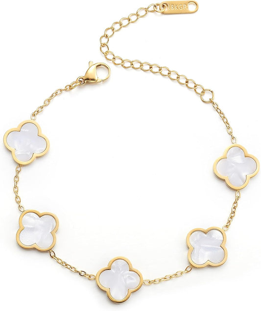 Pulsera Trébol de la Suerte para Mujer | Baño de Oro 18K con Flor Cuatro Hojas Blanco/Negro/Rojo/Verde | Joyería Elegante y Moderna
