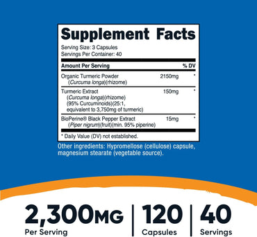 Cúrcuma (Turmeric) con BioPerine® y 95% Curcuminoides, 2,300 mg – 120 Cápsulas Vegetales | Sin GMO | Sin Gluten