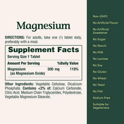 Magnesio 500 mg – 200 Tabletas | Nature’s Bounty | Salud Ósea y Muscular | Tabletas Recubiertas de Fácil Deglución | Sin Gluten