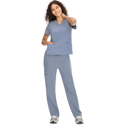 Set Uniforme Médico | Camiseta con Cuello en V y Pantalones de Pierna Recta con Bolsillos | Ropa de Trabajo Unisex | Color: Gris