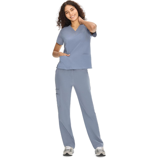 Set Uniforme Médico | Camiseta con Cuello en V y Pantalones de Pierna Recta con Bolsillos | Ropa de Trabajo Unisex | Color: Gris