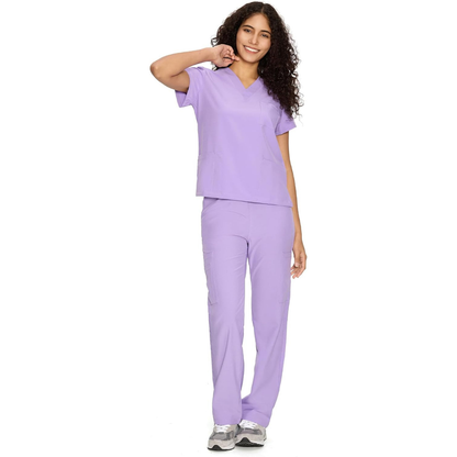 Set Uniforme Médico | Camiseta con Cuello en V y Pantalones de Pierna Recta con Bolsillos | Ropa de Trabajo Unisex | Color: Lavanda