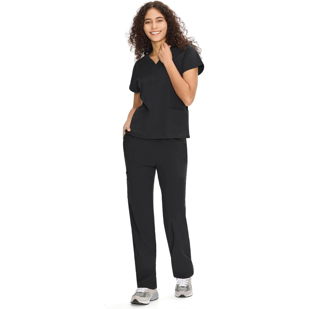 Set Uniforme Médico | Camiseta con Cuello en V y Pantalones de Pierna Recta con Bolsillos | Ropa de Trabajo Unisex | Color: Negro