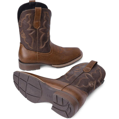 Botas vaqueras para hombre con punta cuadrada | Estilo antiguo del oeste bordado | Color: Marrón