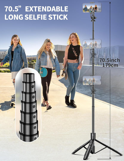 Trípode de Celular de Aluminio 71" con Control Remoto — Selfie Stick 2-en-1, Extensible, Rotación 360°, Compatible iPhone 15/14/13/Android/Cámara