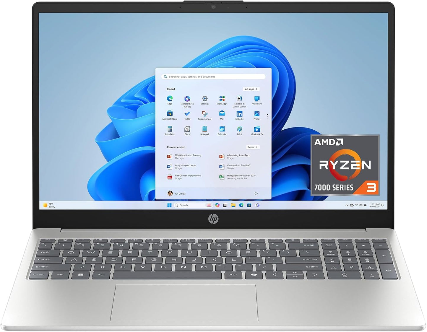 Notebook HP 15,6” Touchscreen, AMD Ryzen 3 7320U, 8GB RAM, 256GB SSD, Radeon Graphics, Windows 11 Home, Color Silver