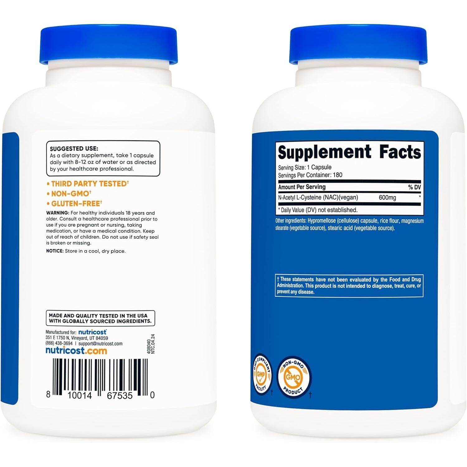 N-Acetyl L-Cysteine (NAC) 600 mg – 180 Cápsulas | Vegano, Sin OGM, Sin Gluten
