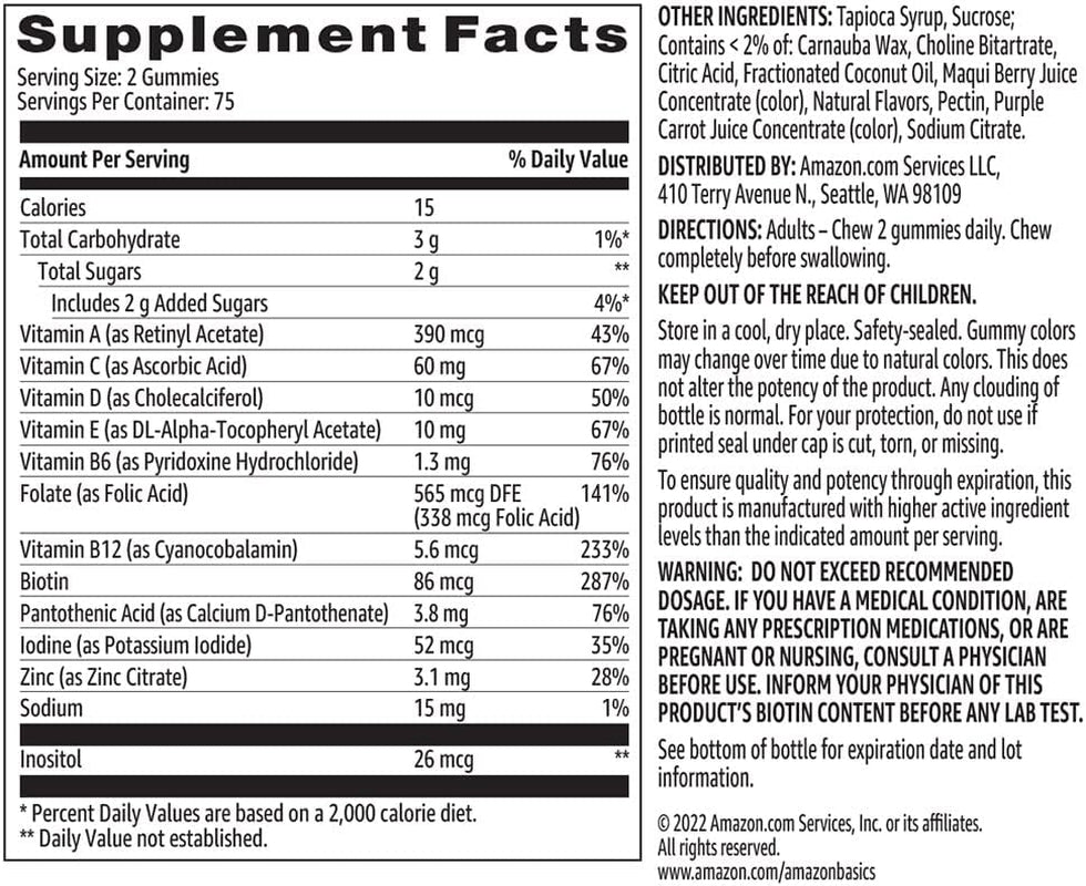 Gomitas Multivitamínicas para Adultos, 150 uds (75 días) – Sabor Frutos Rojos & Cereza | Amazon Basics (antes Solimo)
