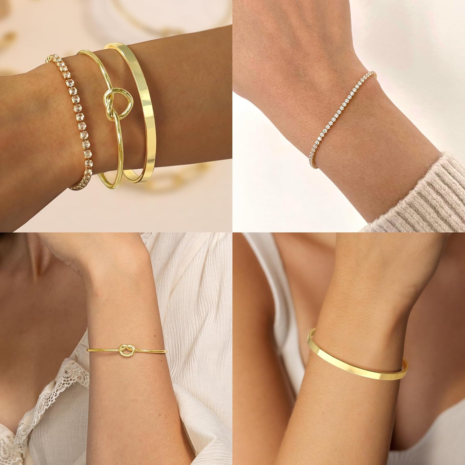 Set de Pulseras para Mujer – Brazalete Dorado Tipo Cuff con Nudo + Pulsera Tennis con Zirconias, Baño de Oro 14K, Antidesgaste, Elegante y de Moda