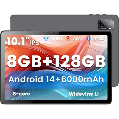 Tablet de 10.1" | Tableta de computadora de 8 GB 128G | Pantalla táctil IPS de 1280 x 800 | Cámara dual de 5+8 MP, Bluetooth, GMS, WiFi | Color: gris metálico