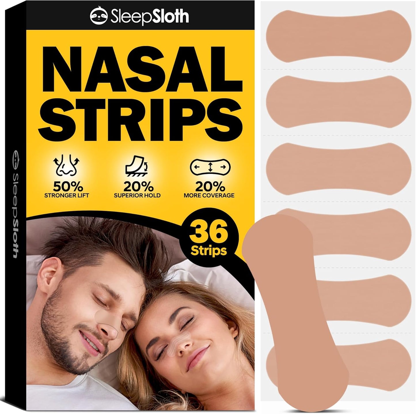 SleepSloth Tiras Nasales Extra Fuerza Negras | 36 Unidades | Alivio de Congestión, Ronquidos y Mejor Respiración | Adhesivo Hipoalergénico Piel Sensible