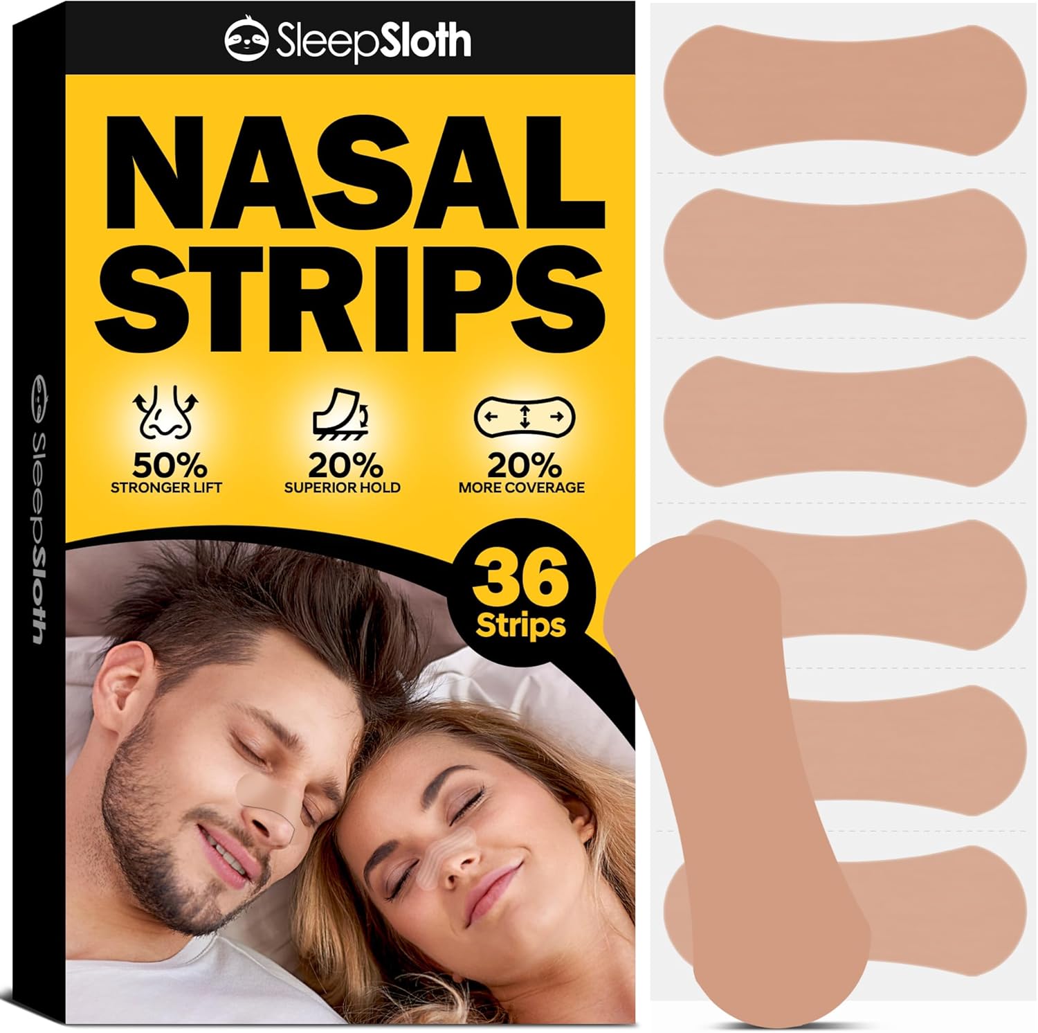SleepSloth Tiras Nasales Extra Fuerza Negras | 36 Unidades | Alivio de Congestión, Ronquidos y Mejor Respiración | Adhesivo Hipoalergénico Piel Sensible